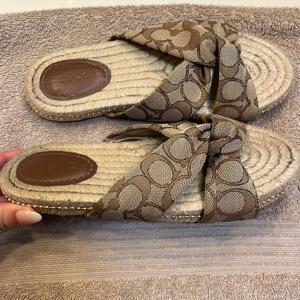 Coach Tan/Brown Signature Canvas Knotted Espadrille Slide Sandals